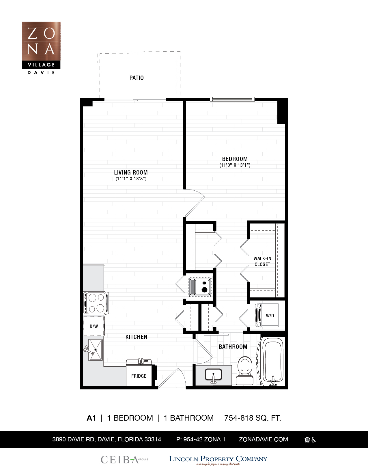 Floor plan for 1 bed, 1 bath, 818 sqft